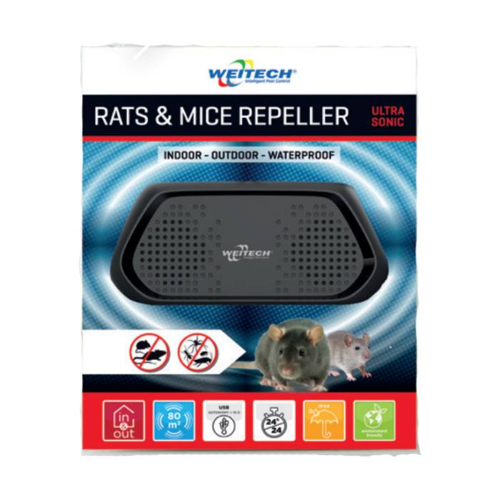 WK0344 - 6 st. per doos Weitech Ultrasone Ratten- & Muizenverjager (Binnen - Buiten - Waterdicht)